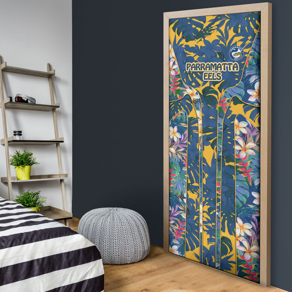 Parramatta Eels Door Cover Tropical Hibiscus Floral Pattern With Blue And Yellow Accents