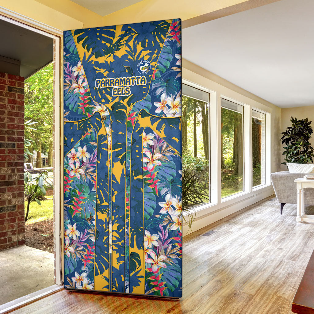 Parramatta Eels Door Cover Tropical Hibiscus Floral Pattern With Blue And Yellow Accents