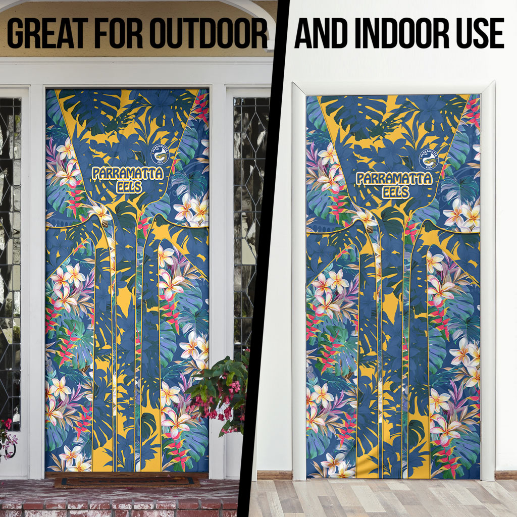 Parramatta Eels Door Cover Tropical Hibiscus Floral Pattern With Blue And Yellow Accents