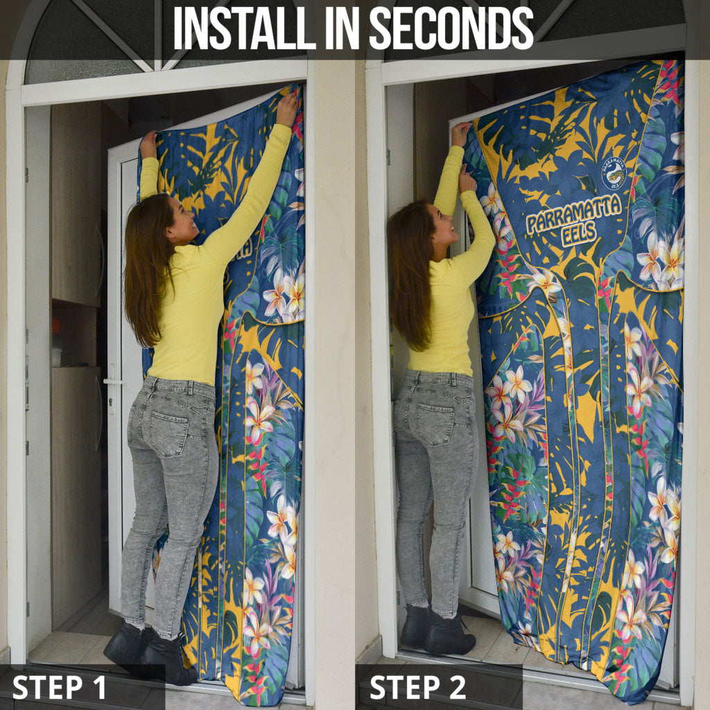 Parramatta Eels Door Cover Tropical Hibiscus Floral Pattern With Blue And Yellow Accents