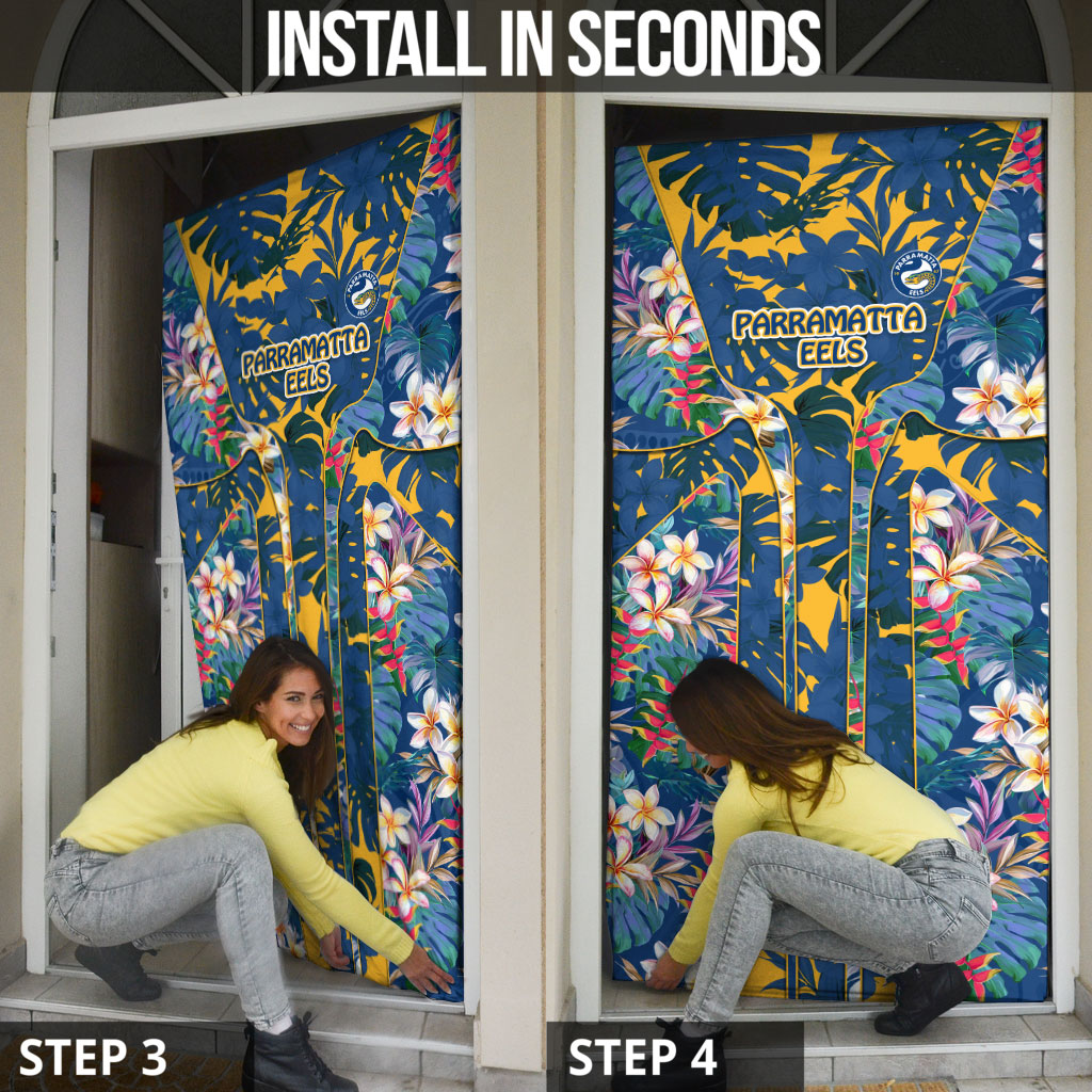 Parramatta Eels Door Cover Tropical Hibiscus Floral Pattern With Blue And Yellow Accents