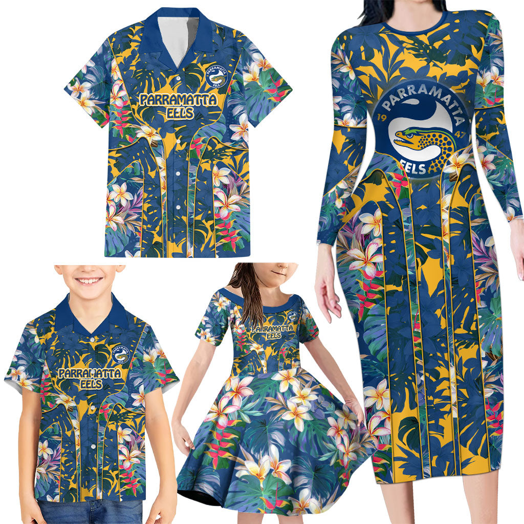 Parramatta Eels Family Matching Long Sleeve Bodycon Dress and Hawaiian Shirt Tropical Hibiscus Floral Pattern With Blue And Yellow Accents