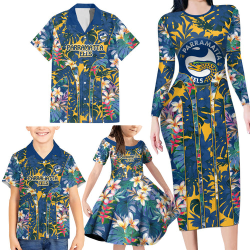Parramatta Eels Family Matching Long Sleeve Bodycon Dress and Hawaiian Shirt Tropical Hibiscus Floral Pattern With Blue And Yellow Accents