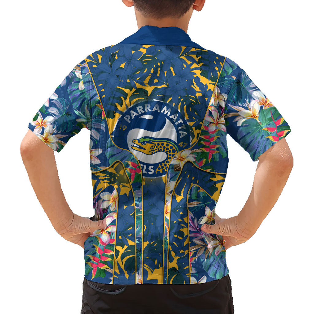 Parramatta Eels Family Matching Long Sleeve Bodycon Dress and Hawaiian Shirt Tropical Hibiscus Floral Pattern With Blue And Yellow Accents