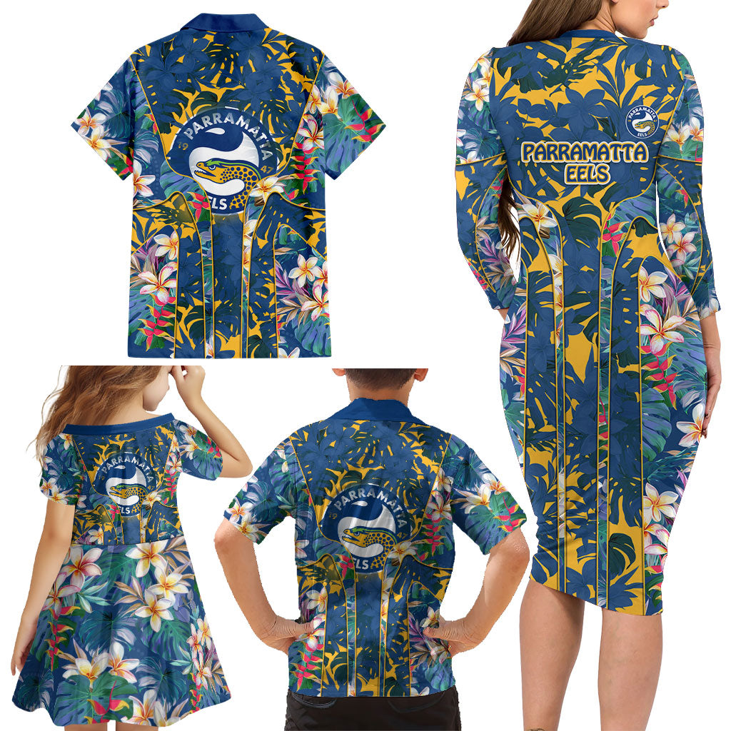 Parramatta Eels Family Matching Long Sleeve Bodycon Dress and Hawaiian Shirt Tropical Hibiscus Floral Pattern With Blue And Yellow Accents