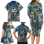 Parramatta Eels Family Matching Long Sleeve Bodycon Dress and Hawaiian Shirt Tropical Hibiscus Floral Pattern With Blue And Yellow Accents