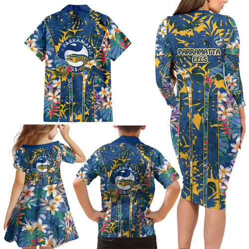 Parramatta Eels Family Matching Long Sleeve Bodycon Dress and Hawaiian Shirt Tropical Hibiscus Floral Pattern With Blue And Yellow Accents