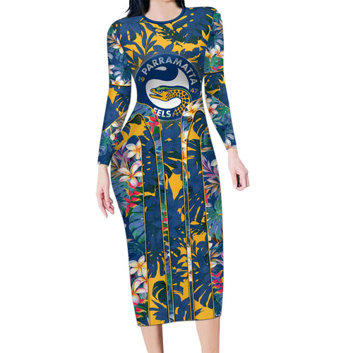 Parramatta Eels Family Matching Long Sleeve Bodycon Dress and Hawaiian Shirt Tropical Hibiscus Floral Pattern With Blue And Yellow Accents