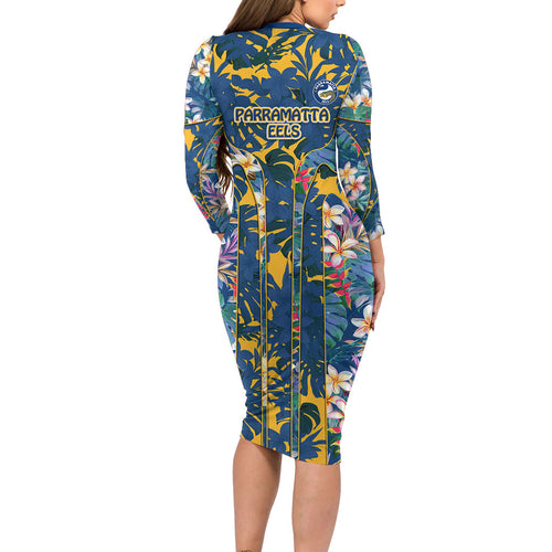 Parramatta Eels Family Matching Long Sleeve Bodycon Dress and Hawaiian Shirt Tropical Hibiscus Floral Pattern With Blue And Yellow Accents