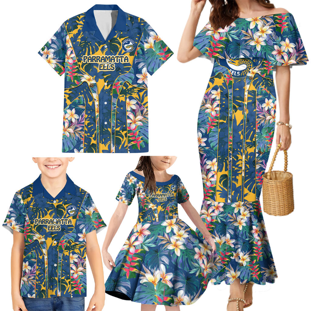 Parramatta Eels Family Matching Mermaid Dress and Hawaiian Shirt Tropical Hibiscus Floral Pattern With Blue And Yellow Accents