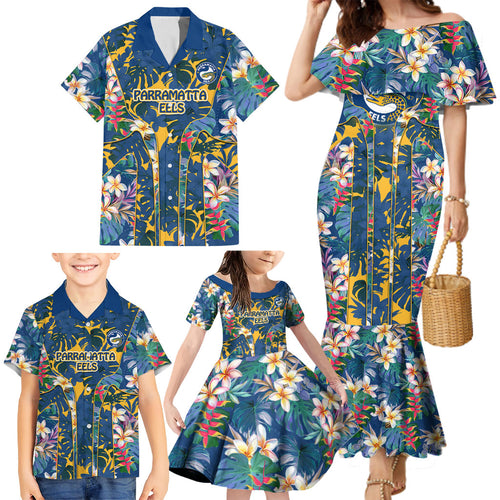 Parramatta Eels Family Matching Mermaid Dress and Hawaiian Shirt Tropical Hibiscus Floral Pattern With Blue And Yellow Accents