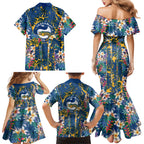 Parramatta Eels Family Matching Mermaid Dress and Hawaiian Shirt Tropical Hibiscus Floral Pattern With Blue And Yellow Accents