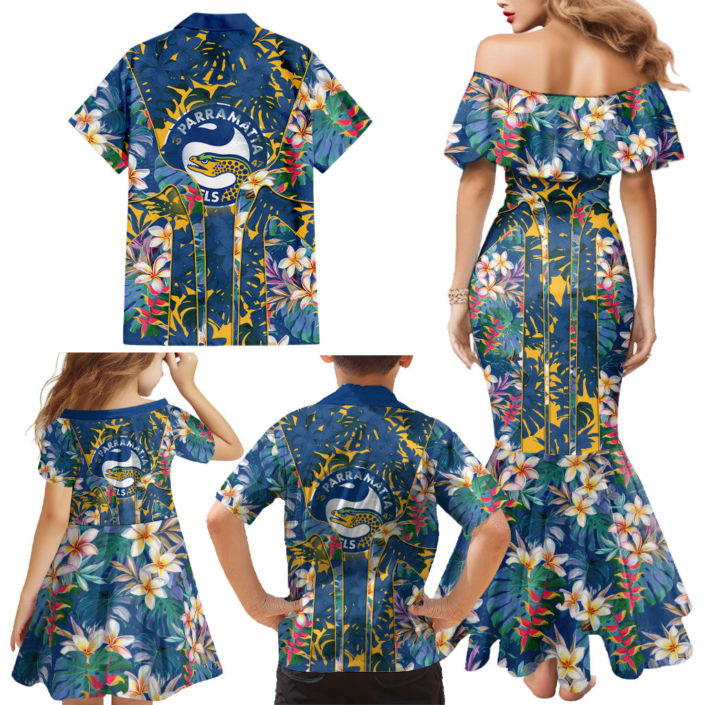 Parramatta Eels Family Matching Mermaid Dress and Hawaiian Shirt Tropical Hibiscus Floral Pattern With Blue And Yellow Accents
