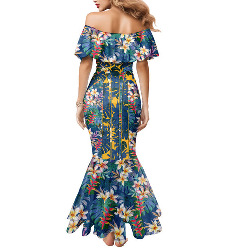 Parramatta Eels Family Matching Mermaid Dress and Hawaiian Shirt Tropical Hibiscus Floral Pattern With Blue And Yellow Accents