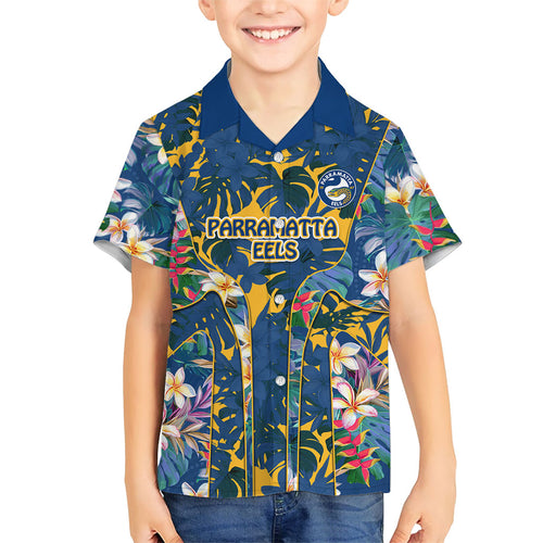 Parramatta Eels Family Matching Mermaid Dress and Hawaiian Shirt Tropical Hibiscus Floral Pattern With Blue And Yellow Accents