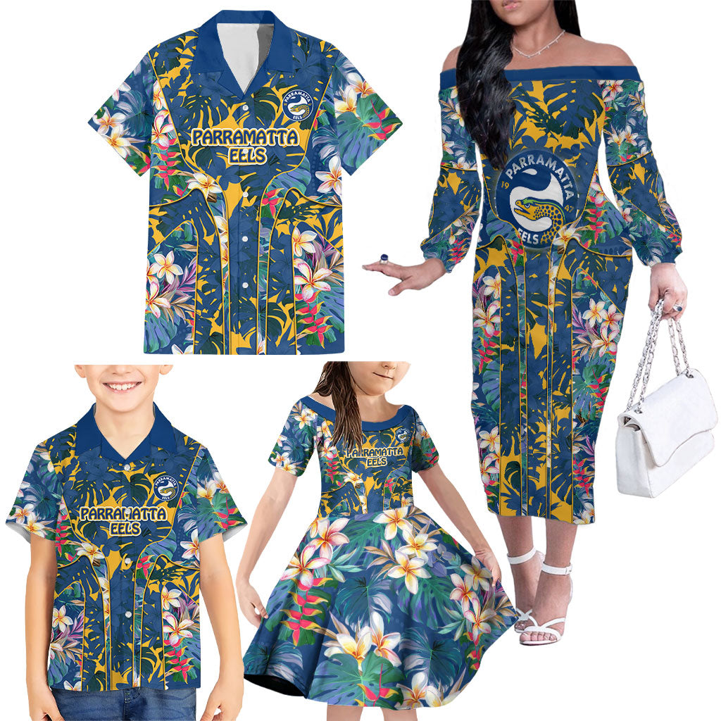 Parramatta Eels Family Matching Off The Shoulder Long Sleeve Dress and Hawaiian Shirt Tropical Hibiscus Floral Pattern With Blue And Yellow Accents
