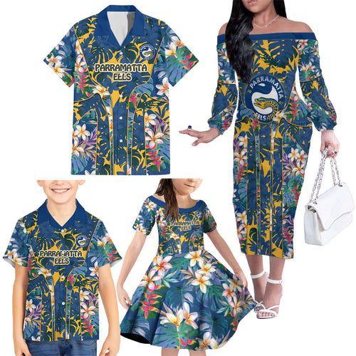Parramatta Eels Family Matching Off The Shoulder Long Sleeve Dress and Hawaiian Shirt Tropical Hibiscus Floral Pattern With Blue And Yellow Accents