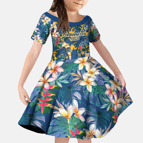 Parramatta Eels Family Matching Off The Shoulder Long Sleeve Dress and Hawaiian Shirt Tropical Hibiscus Floral Pattern With Blue And Yellow Accents