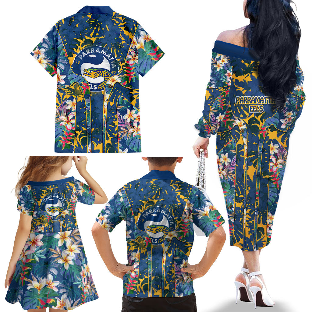 Parramatta Eels Family Matching Off The Shoulder Long Sleeve Dress and Hawaiian Shirt Tropical Hibiscus Floral Pattern With Blue And Yellow Accents