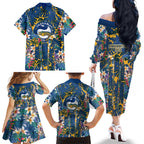 Parramatta Eels Family Matching Off The Shoulder Long Sleeve Dress and Hawaiian Shirt Tropical Hibiscus Floral Pattern With Blue And Yellow Accents