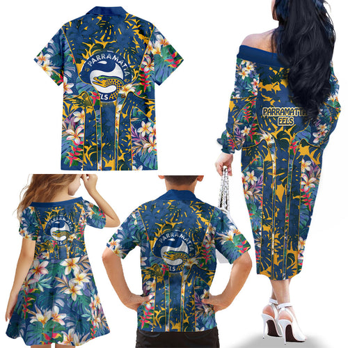 Parramatta Eels Family Matching Off The Shoulder Long Sleeve Dress and Hawaiian Shirt Tropical Hibiscus Floral Pattern With Blue And Yellow Accents