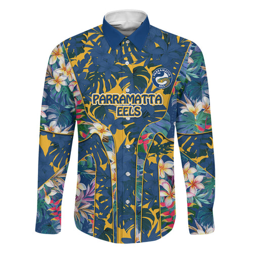 Parramatta Eels Family Matching Off The Shoulder Long Sleeve Dress and Hawaiian Shirt Tropical Hibiscus Floral Pattern With Blue And Yellow Accents