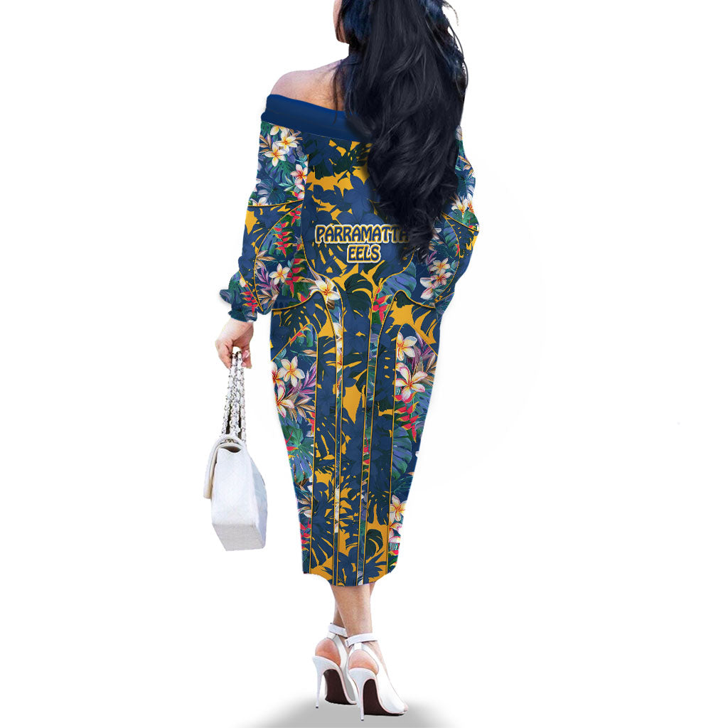 Parramatta Eels Family Matching Off The Shoulder Long Sleeve Dress and Hawaiian Shirt Tropical Hibiscus Floral Pattern With Blue And Yellow Accents