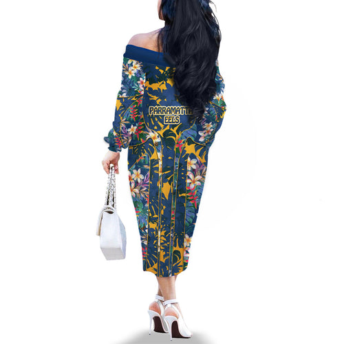 Parramatta Eels Family Matching Off The Shoulder Long Sleeve Dress and Hawaiian Shirt Tropical Hibiscus Floral Pattern With Blue And Yellow Accents