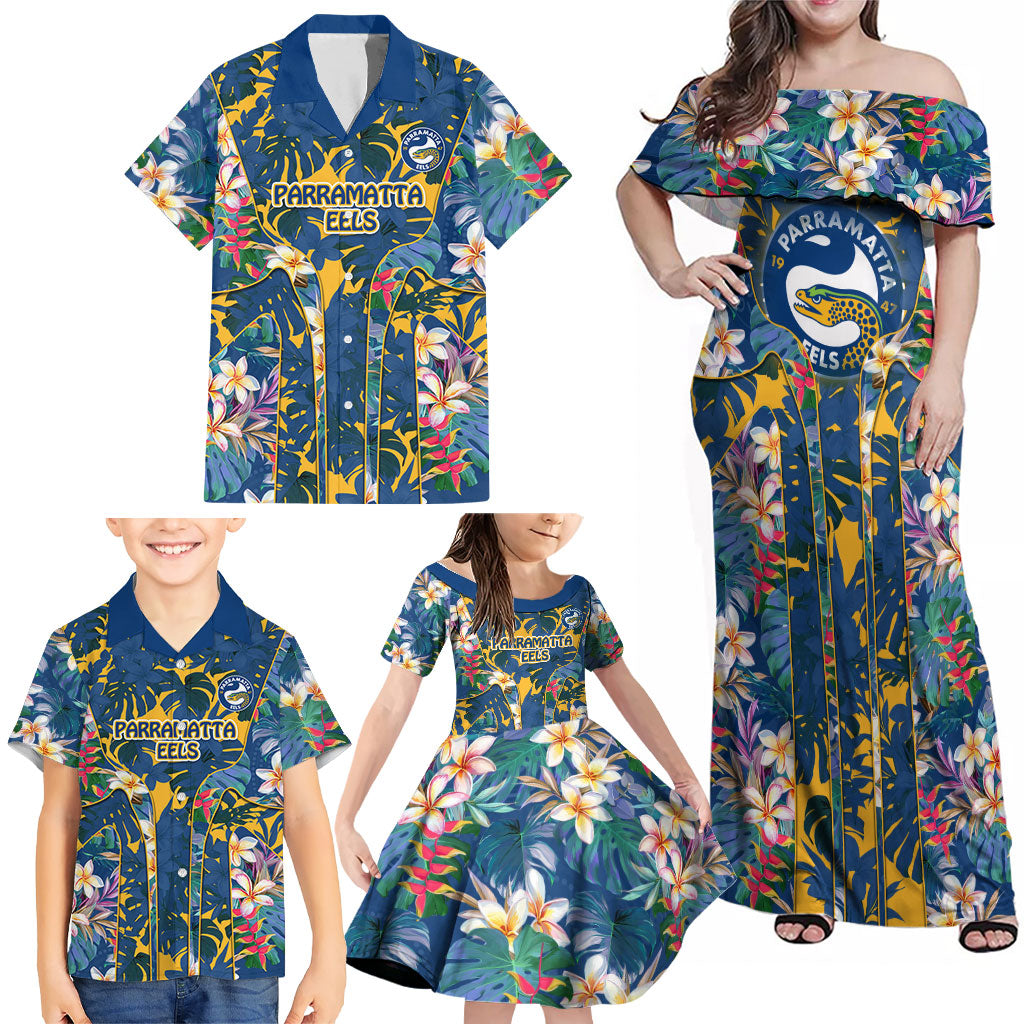 Parramatta Eels Family Matching Off Shoulder Maxi Dress and Hawaiian Shirt Tropical Hibiscus Floral Pattern With Blue And Yellow Accents