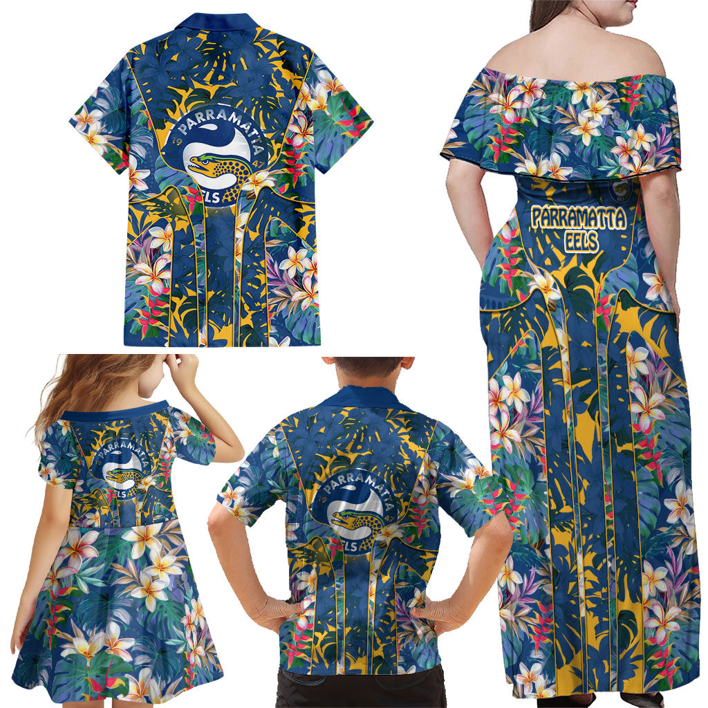 Parramatta Eels Family Matching Off Shoulder Maxi Dress and Hawaiian Shirt Tropical Hibiscus Floral Pattern With Blue And Yellow Accents