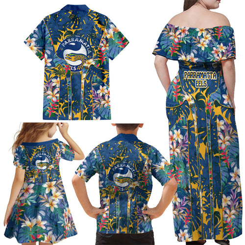 Parramatta Eels Family Matching Off Shoulder Maxi Dress and Hawaiian Shirt Tropical Hibiscus Floral Pattern With Blue And Yellow Accents