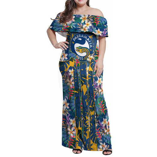 Parramatta Eels Family Matching Off Shoulder Maxi Dress and Hawaiian Shirt Tropical Hibiscus Floral Pattern With Blue And Yellow Accents