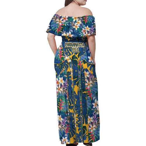 Parramatta Eels Family Matching Off Shoulder Maxi Dress and Hawaiian Shirt Tropical Hibiscus Floral Pattern With Blue And Yellow Accents