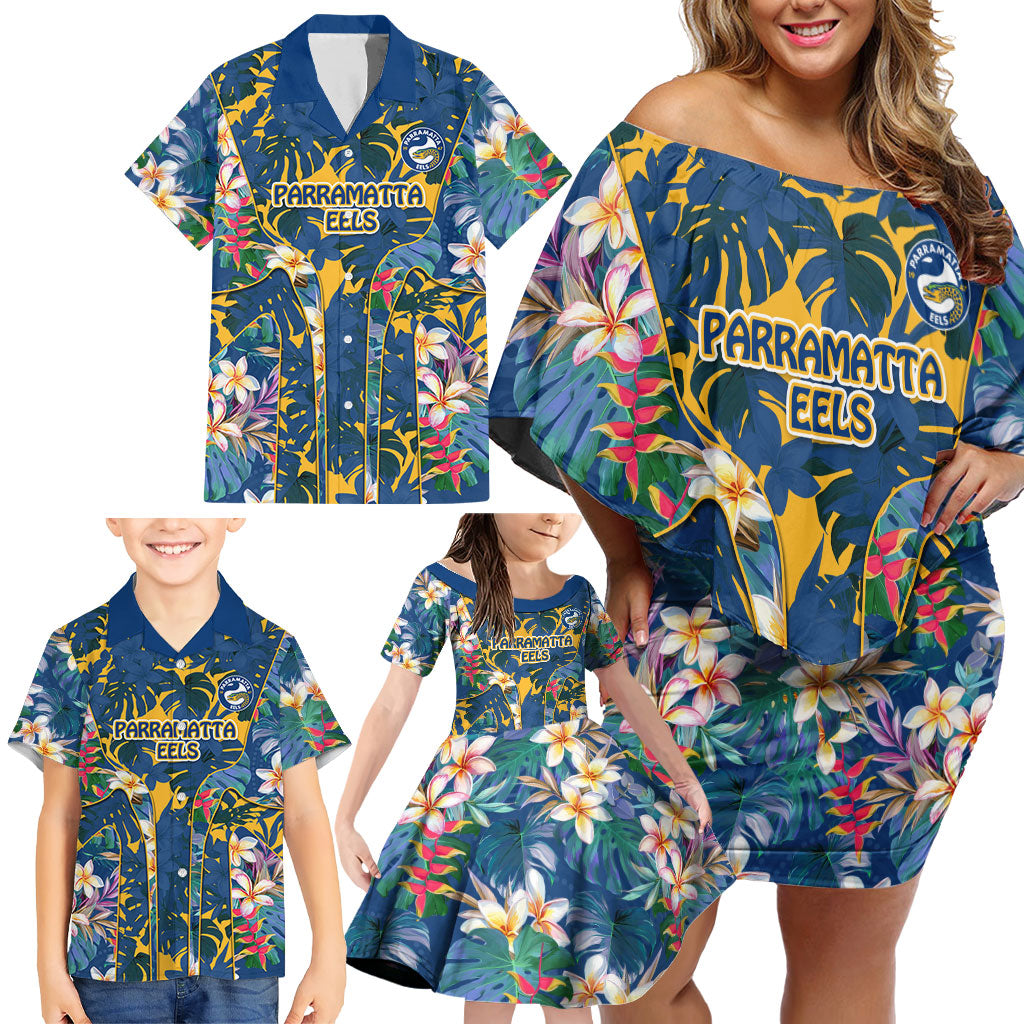 Parramatta Eels Family Matching Off Shoulder Short Dress and Hawaiian Shirt Tropical Hibiscus Floral Pattern With Blue And Yellow Accents