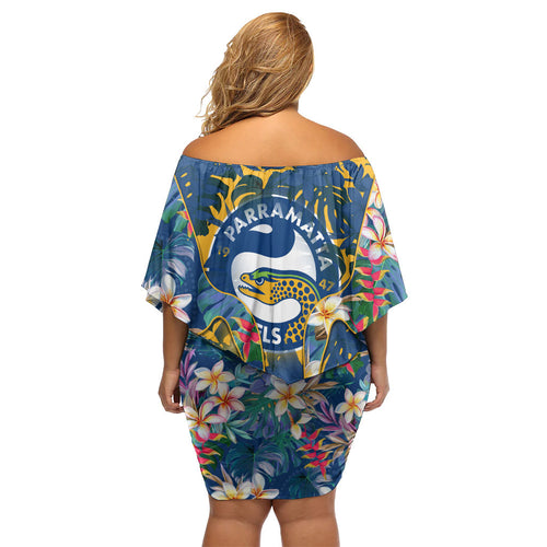 Parramatta Eels Family Matching Off Shoulder Short Dress and Hawaiian Shirt Tropical Hibiscus Floral Pattern With Blue And Yellow Accents
