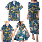 Parramatta Eels Family Matching Puletasi and Hawaiian Shirt Tropical Hibiscus Floral Pattern With Blue And Yellow Accents