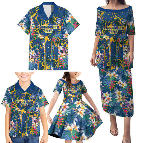 Parramatta Eels Family Matching Puletasi and Hawaiian Shirt Tropical Hibiscus Floral Pattern With Blue And Yellow Accents