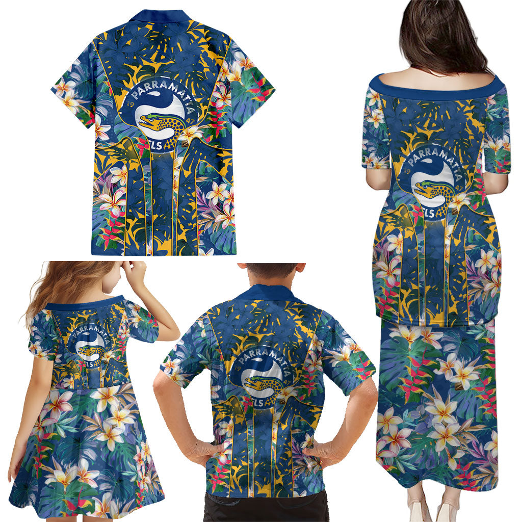 Parramatta Eels Family Matching Puletasi and Hawaiian Shirt Tropical Hibiscus Floral Pattern With Blue And Yellow Accents