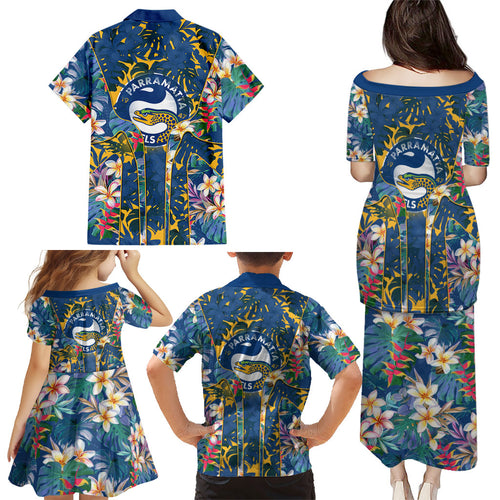 Parramatta Eels Family Matching Puletasi and Hawaiian Shirt Tropical Hibiscus Floral Pattern With Blue And Yellow Accents