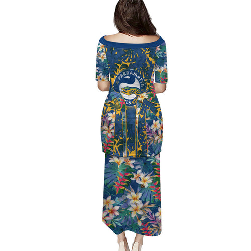 Parramatta Eels Family Matching Puletasi and Hawaiian Shirt Tropical Hibiscus Floral Pattern With Blue And Yellow Accents