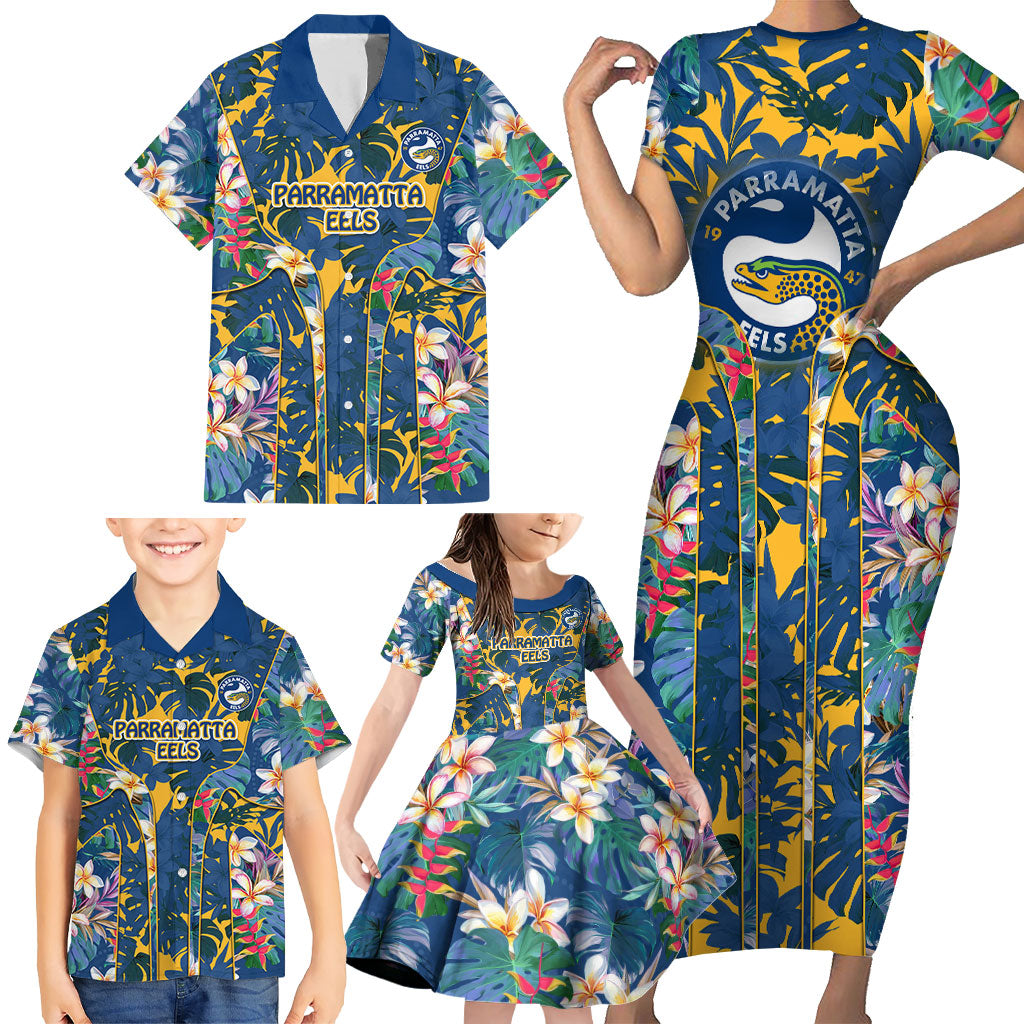 Parramatta Eels Family Matching Short Sleeve Bodycon Dress and Hawaiian Shirt Tropical Hibiscus Floral Pattern With Blue And Yellow Accents