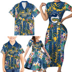 Parramatta Eels Family Matching Short Sleeve Bodycon Dress and Hawaiian Shirt Tropical Hibiscus Floral Pattern With Blue And Yellow Accents