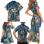 Parramatta Eels Family Matching Short Sleeve Bodycon Dress and Hawaiian Shirt Tropical Hibiscus Floral Pattern With Blue And Yellow Accents