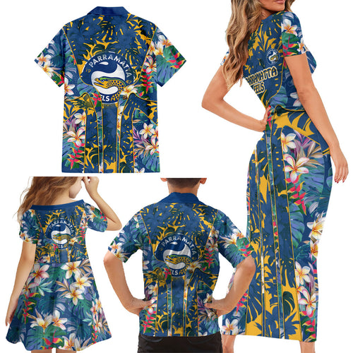 Parramatta Eels Family Matching Short Sleeve Bodycon Dress and Hawaiian Shirt Tropical Hibiscus Floral Pattern With Blue And Yellow Accents