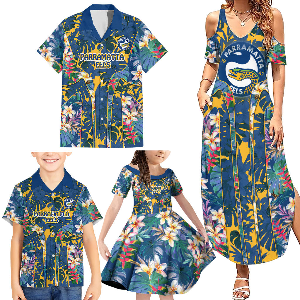 Parramatta Eels Family Matching Summer Maxi Dress and Hawaiian Shirt Tropical Hibiscus Floral Pattern With Blue And Yellow Accents