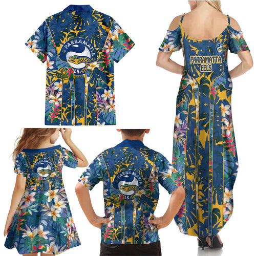 Parramatta Eels Family Matching Summer Maxi Dress and Hawaiian Shirt Tropical Hibiscus Floral Pattern With Blue And Yellow Accents