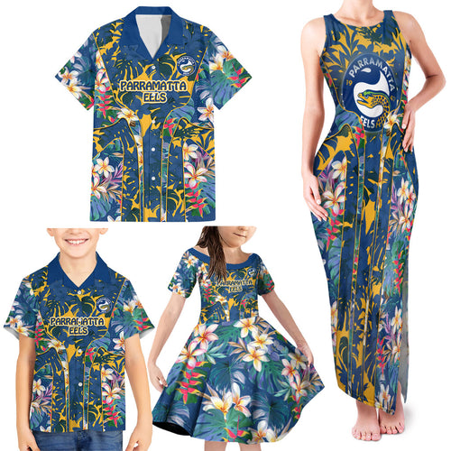 Parramatta Eels Family Matching Tank Maxi Dress and Hawaiian Shirt Tropical Hibiscus Floral Pattern With Blue And Yellow Accents