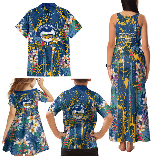 Parramatta Eels Family Matching Tank Maxi Dress and Hawaiian Shirt Tropical Hibiscus Floral Pattern With Blue And Yellow Accents