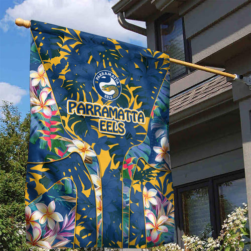 Parramatta Eels Garden Flag Tropical Hibiscus Floral Pattern With Blue And Yellow Accents