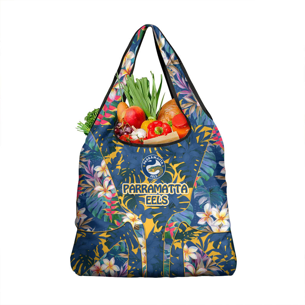 Parramatta Eels Grocery Bag Tropical Hibiscus Floral Pattern With Blue And Yellow Accents